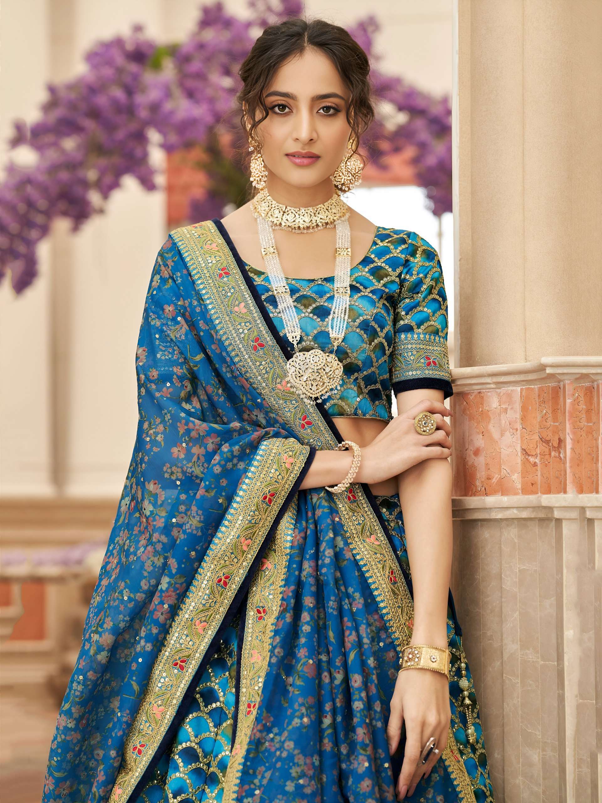 Product Code 7426 Teal Blue Embroidered Lehenga Choli collection manufacturers surat 