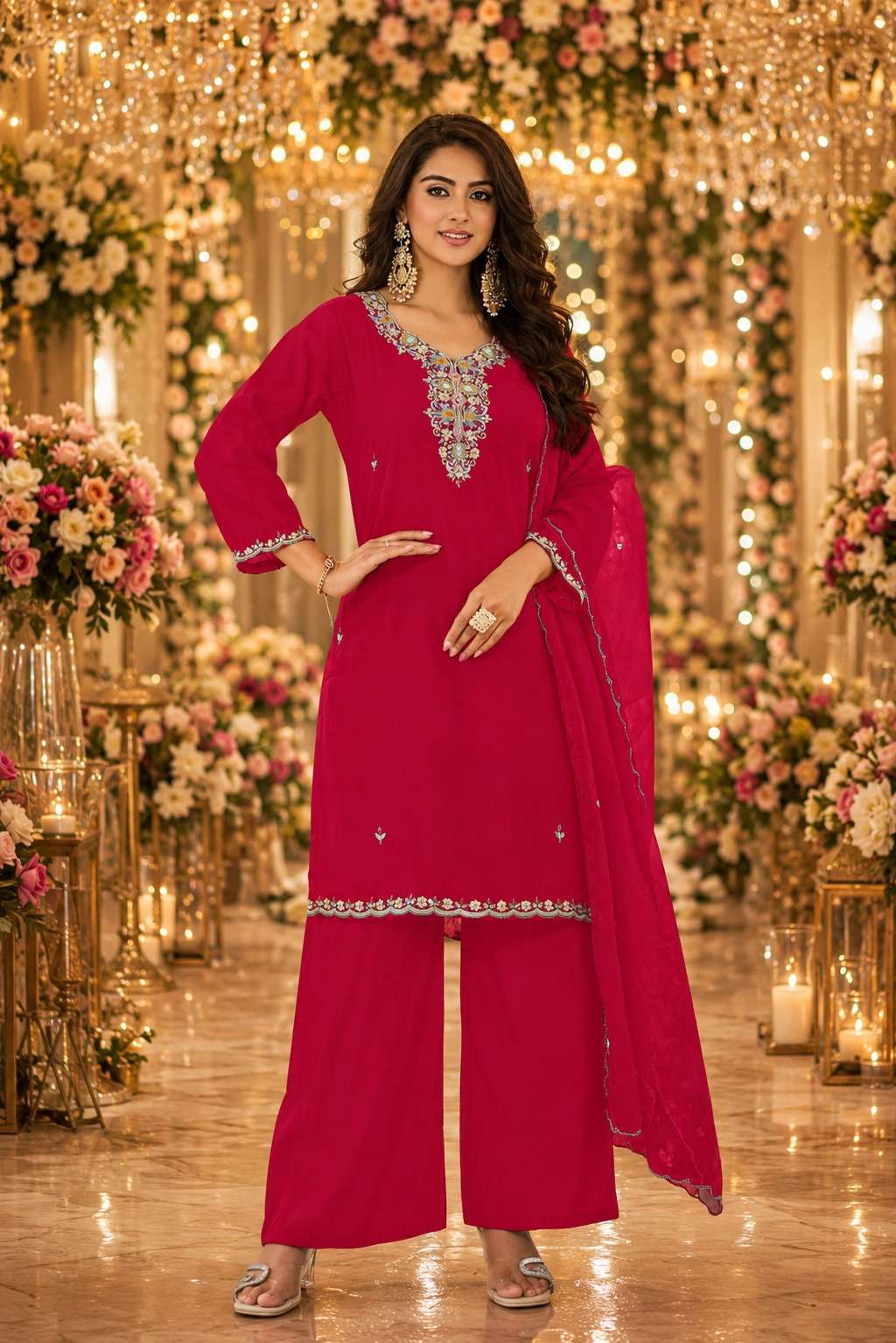 SHORT KURTI WITH WIDE PANT DUPATTA collection manufacturers surat