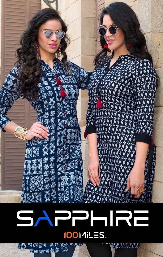 100 Miles Sapphire 01 To 06 Series Fancy Cotton Indigo Print Kurti Collection Full Set Wholesale Pri...