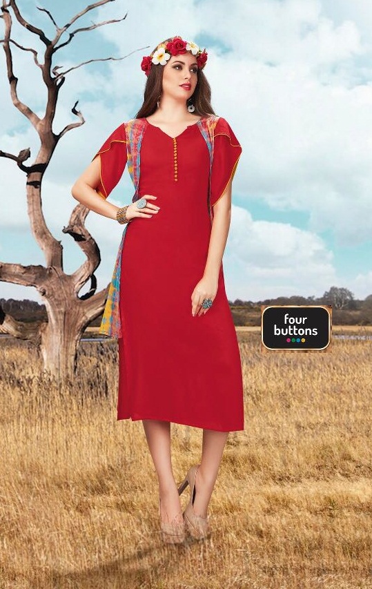 Four Button Aura Vol 2 4110 To 4119 Series Fancy Reyon Printed Kurties Catalog Full Set Wholesale Pr...