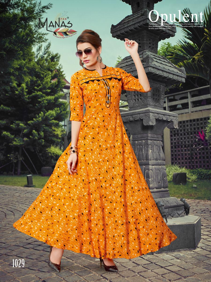 Bhakti Vol 7 By Manas Fab 1023 Series Fancy Reyon Printed Gown Style Kurti Catlog Wholesaler Surat