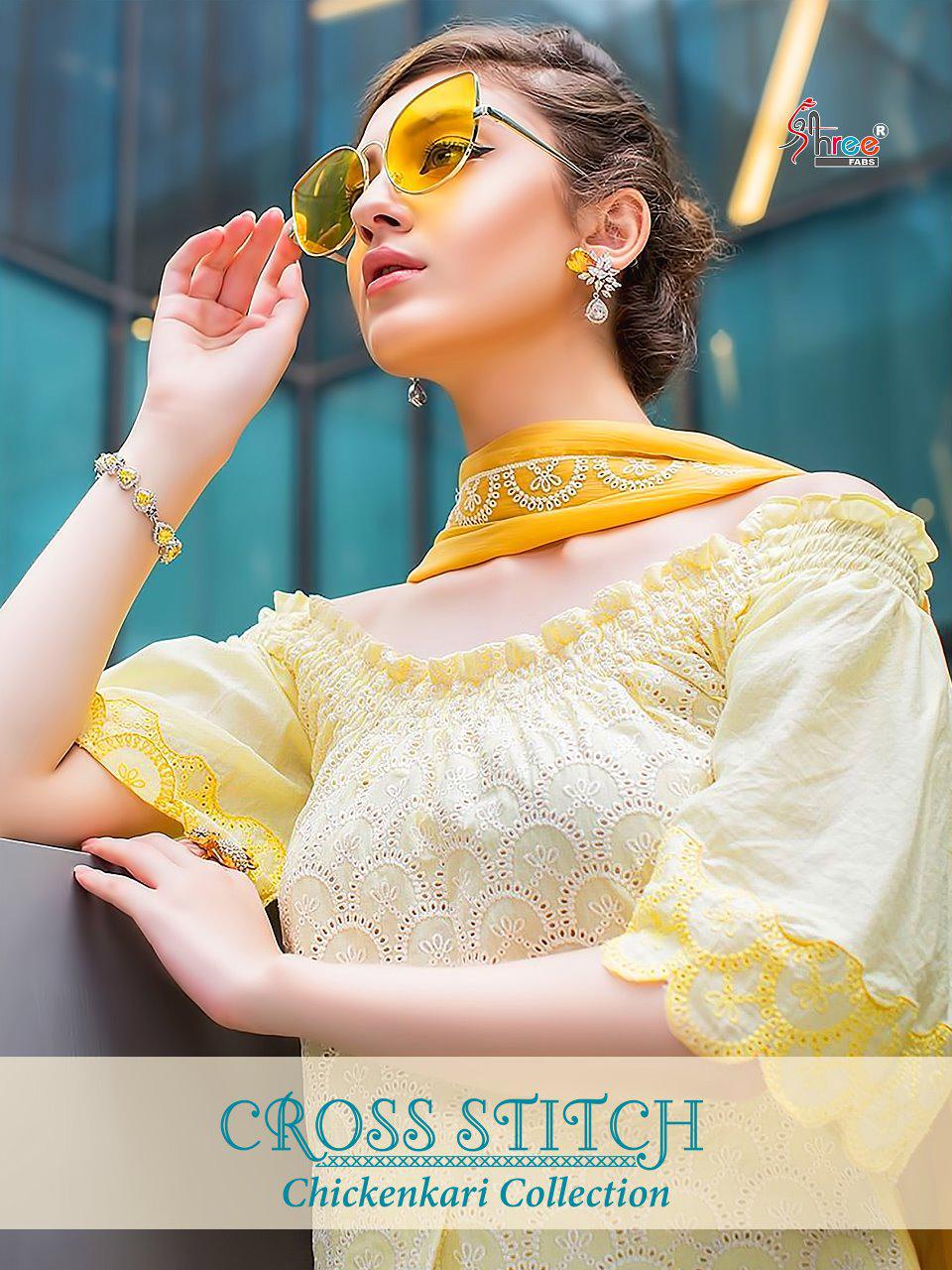 Cross Stitch Chickenkari Collection By Shree Fabs 8181 Series Fancy Party Wear Pure Cotton Salwar Ka...