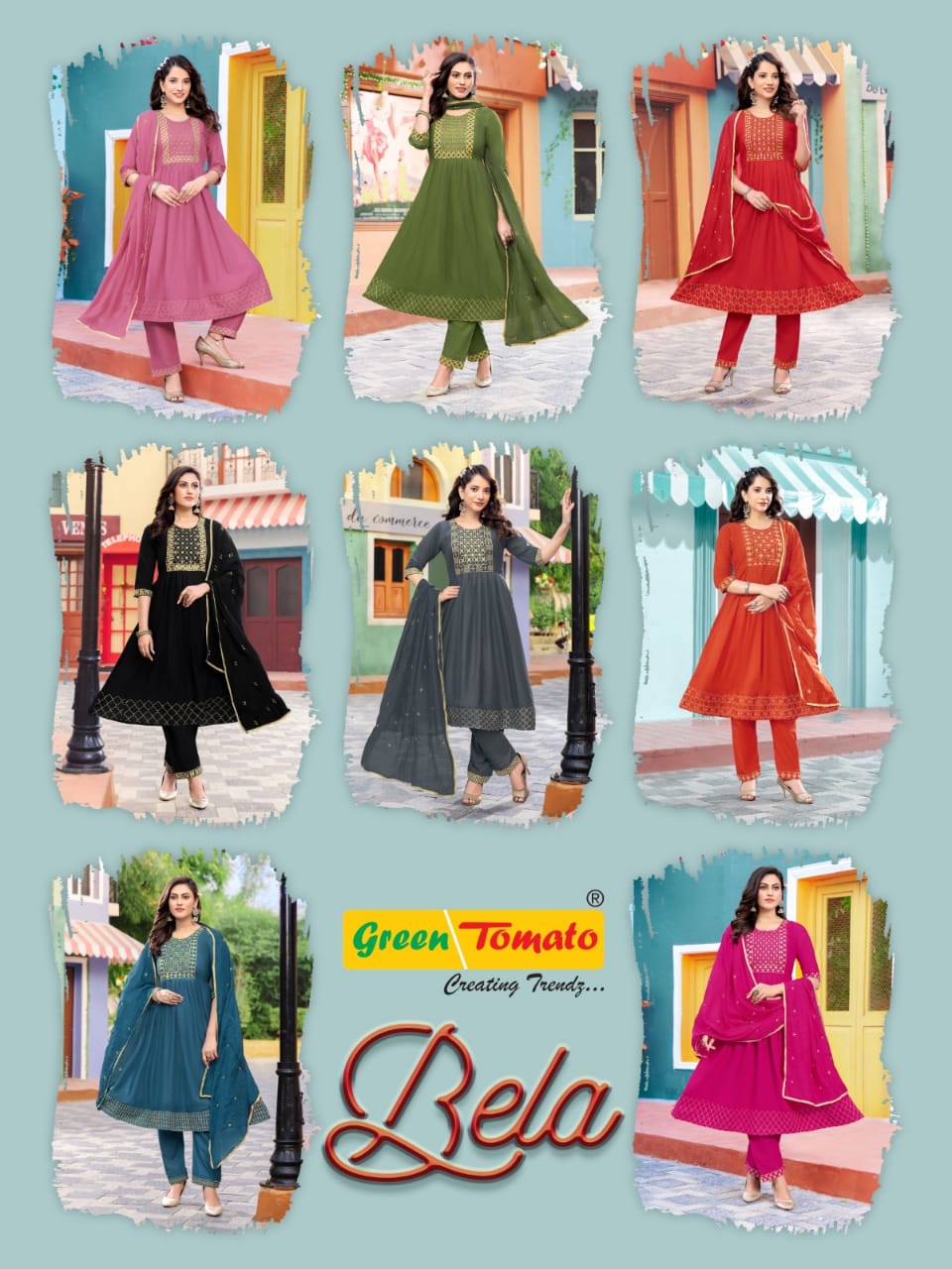 Bela Green Tomato Nyra Collection Kurti Bottom Dupatta