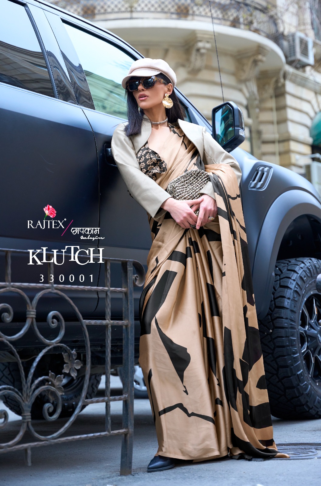 Rajtex New Klutch Print Satin Crepe Sarees