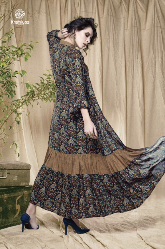 Aura Vol 8 By Krishryaa 7561 Series Fancy Reyon Gown Style Kurti Catlog Wholesaler Surat