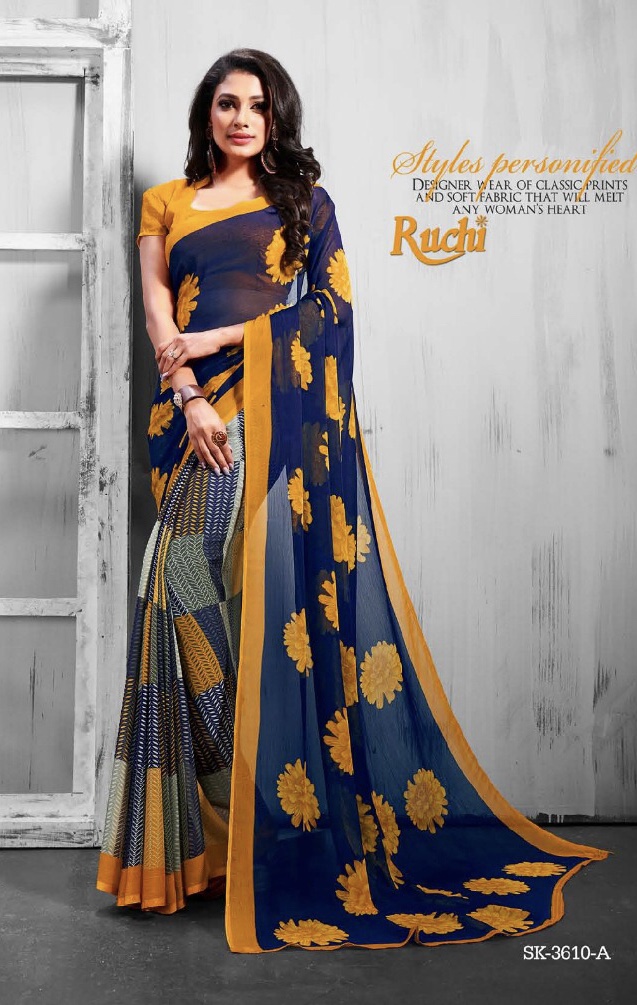 Super Kesar Chiffon By Ruchi Silk 3601 Series Fancy Chiffon Printed Saree Catlog Wholesaler Surat