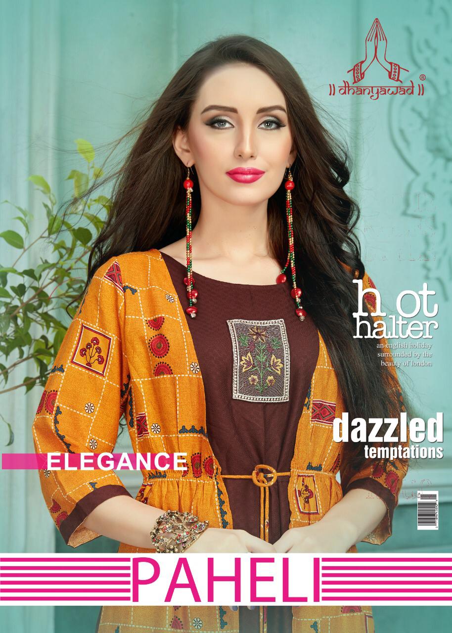 Paheli By Dhanyawad Ksm 401 Series Fancy Reyon Printed Kurti Catlog Wholesaler Surat