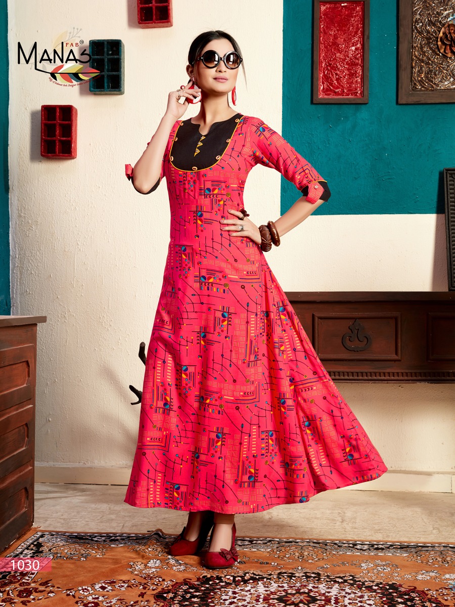 Bhakti Vol 5 By Manas 1030 Series Fancy Reyon Printed Gown Style Kurti Collection Wholesaler Surat