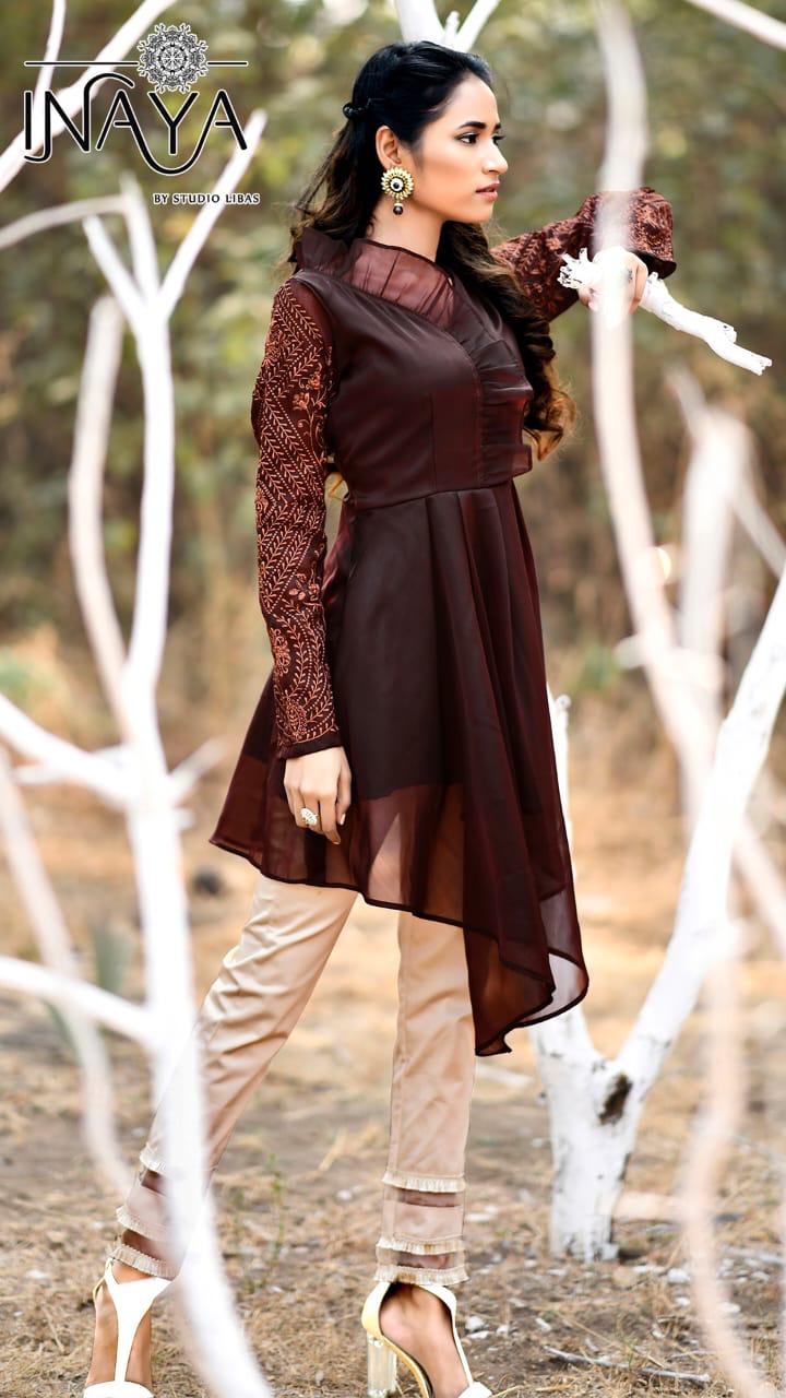Luxury Pret Collection Vol 16 By Inaya Libas Studio Fancy Designer Organza Tunic With Fancy Pant Col...