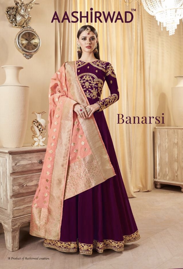 Banarsi By Aashirwad 8064 Series Fancy Deisgner Party Wear Gown Suit Collection With Banarsi Dupatta...