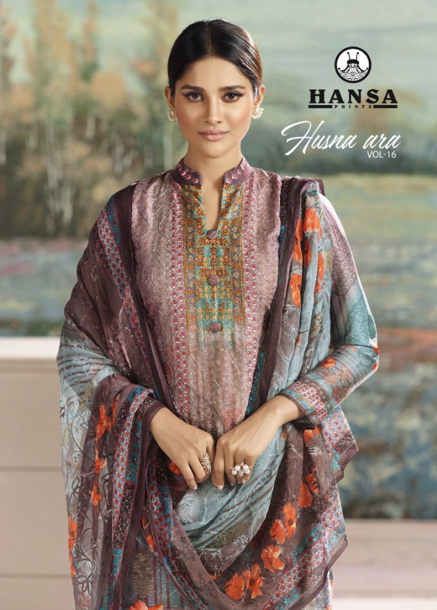 Husna Ara Vol 16 By Hansa 16001 Series Fancy Satin Georgette Digital Printed Salwar Kameer Collectio...