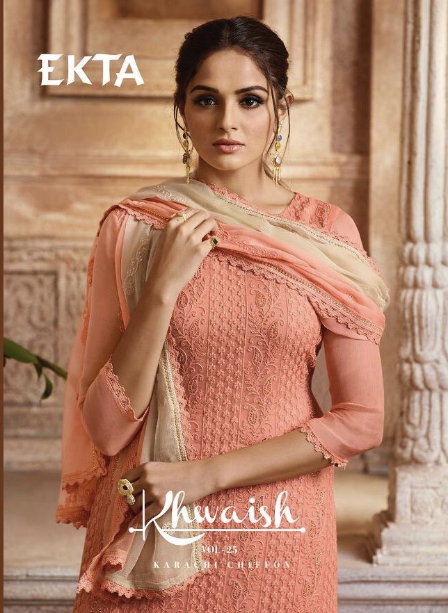 Khwaish By Ekta 2501 Series Fancy Karachi Chiffon Resham Embroidery Salwar Kameez Collection Wholesa...
