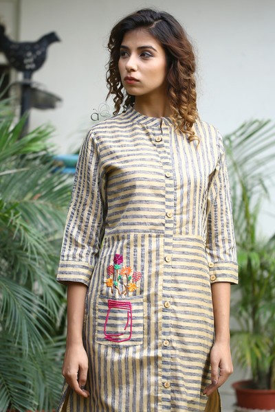 Chanderi A Line Stripes Fancy Kurti Collection Wholesaler Surat