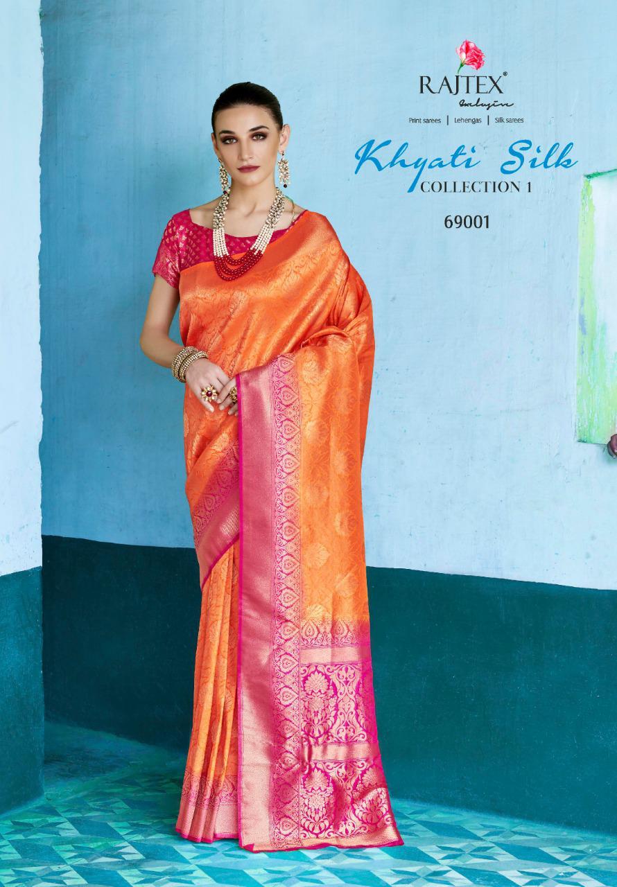 Khyati Silk C 1 By Raj Tex 69001 Series Fancy Party Wear Silk Saree Catlog Wholesale Dealer Surat