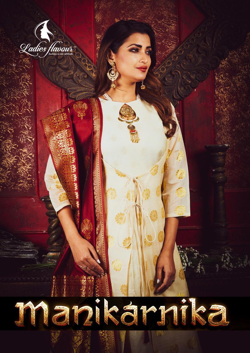 Manikarnika By Ladies Flavour 4001 Series Designer Chanderi Jacquard Gown Style Kurti Collection Who...