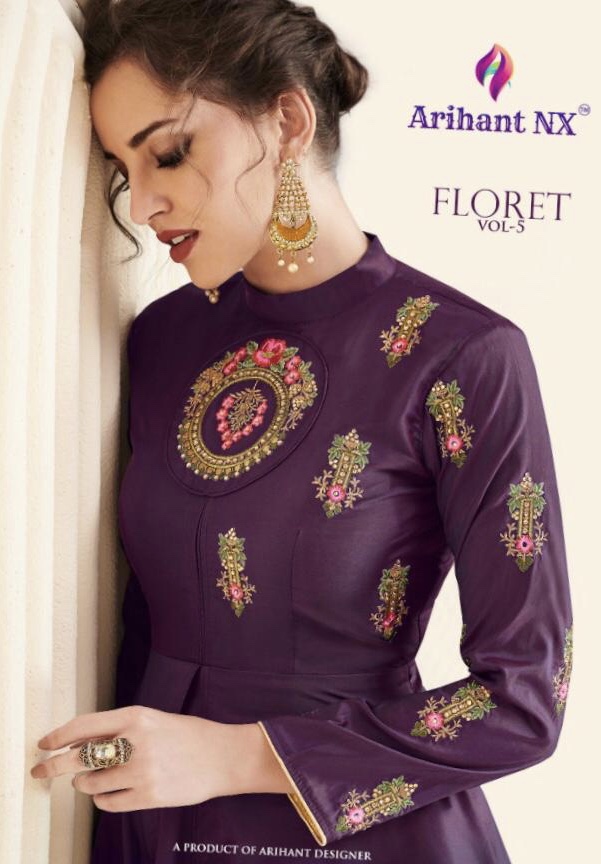 Floret Vol 5 By Arihant Nx 2029 Series Fancy Designer Royal Crepe Partt Wear Gown Collection Wholesa...