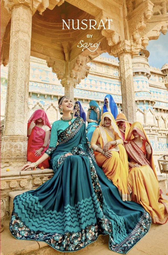 Nusrat By Saroj 85001 Series Fancy Satin Georgette Printed Saree Catlog Wholesaledealer Surat