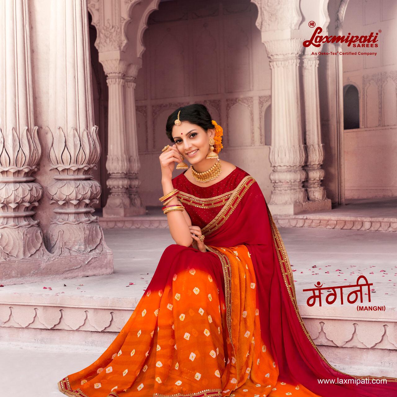 Mangani By Laxmipati Fancy Designer Pure Chiffon Chunri Bandhni Printe Saree Collection Wholesaler S...