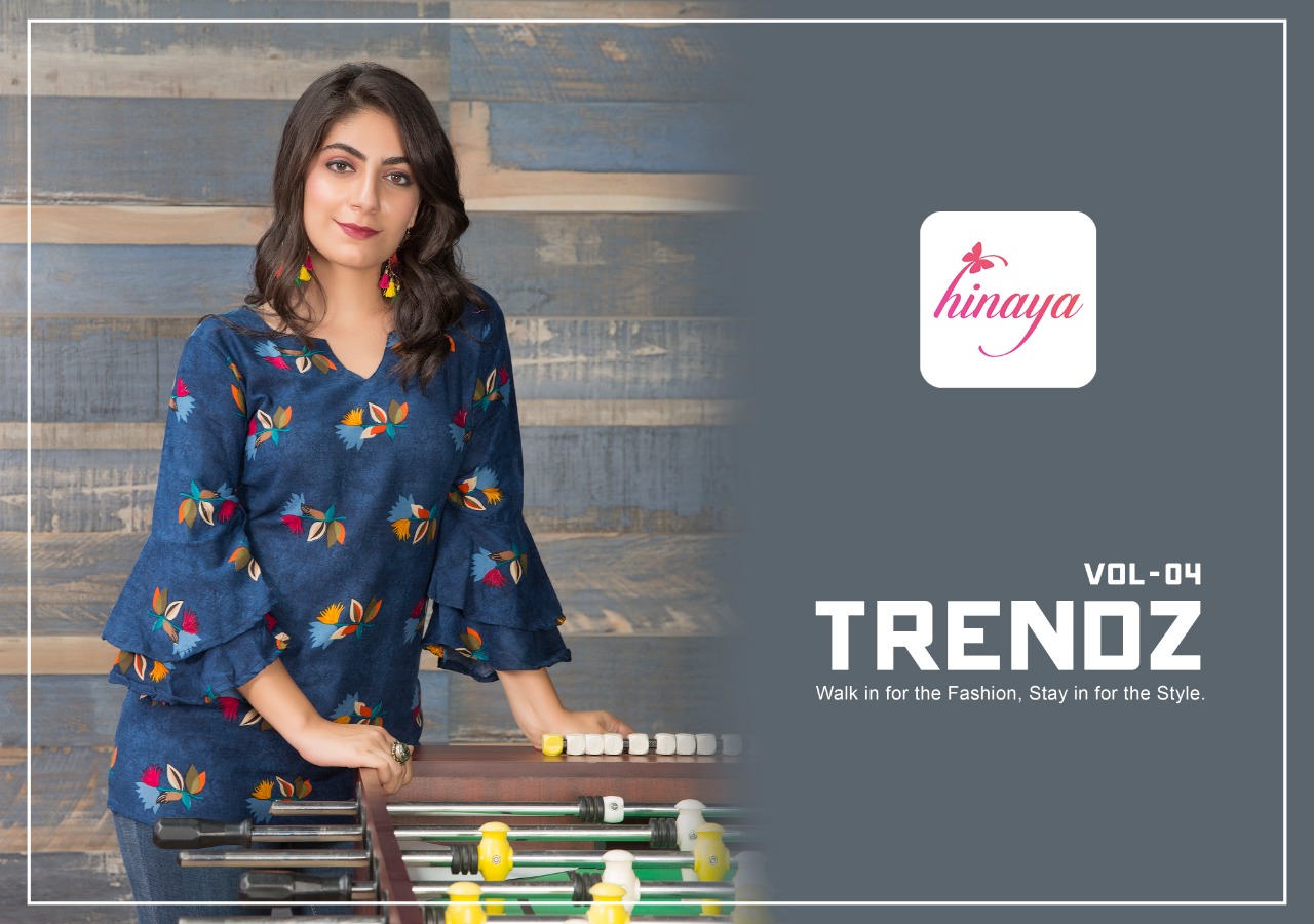 Trendz Vol 4 By Hinaya 101 Series Fancy Reyon Printed Western Top Collection Wholesaler Surat