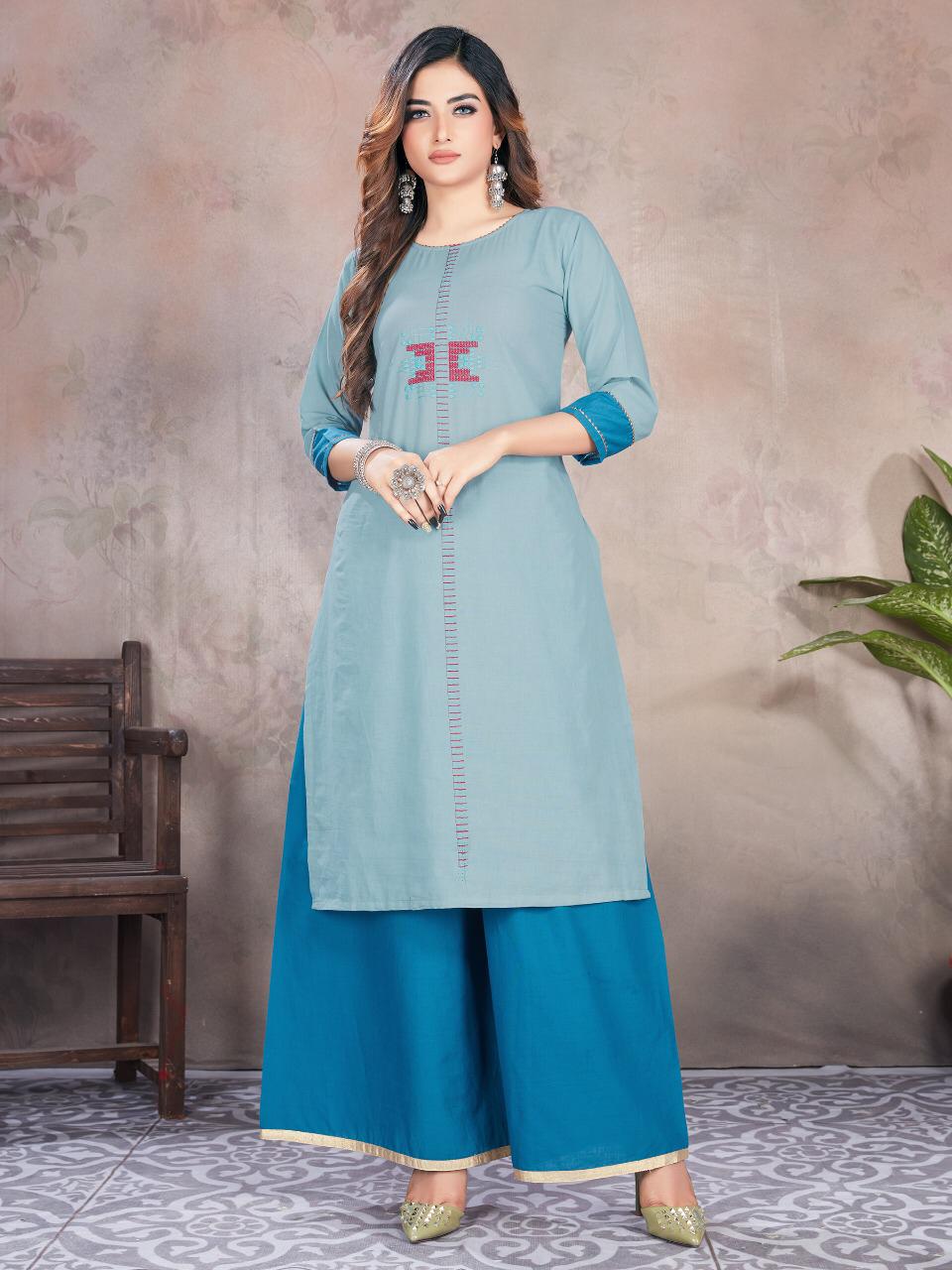 Fourm Vol 1 Readymade Beautiful Silk Kurti Plazzo Pant Set Manufacturer Traders Surat Gujrat