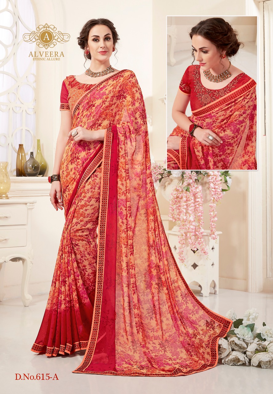 Alveera Reeva Designer Fancy Georgette Printed Double Blouse Saree Collection Wholesale Dealer And S...
