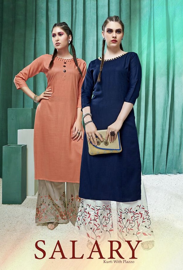 Salary By S More Fashion 1001 Series Fancy Reyon Slub Kurti With Plazzo Collection Wholesaler Surat