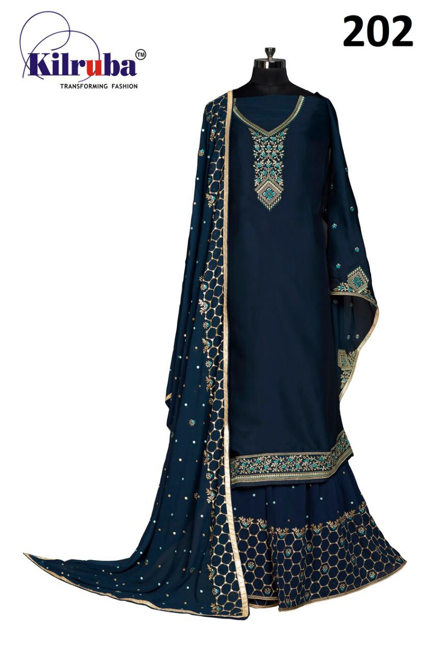 Kilruba 201 Series Fancy Satin Georgette Party Wear Sarara Suit Collection Wholesaler Surat