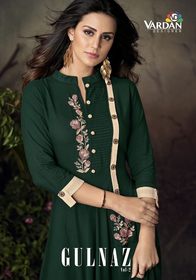 Gulnaz Vol 2 By Vardan 6011 Series Fancy Reyon Gown Style Kurti Catlog Wholesaler Surat