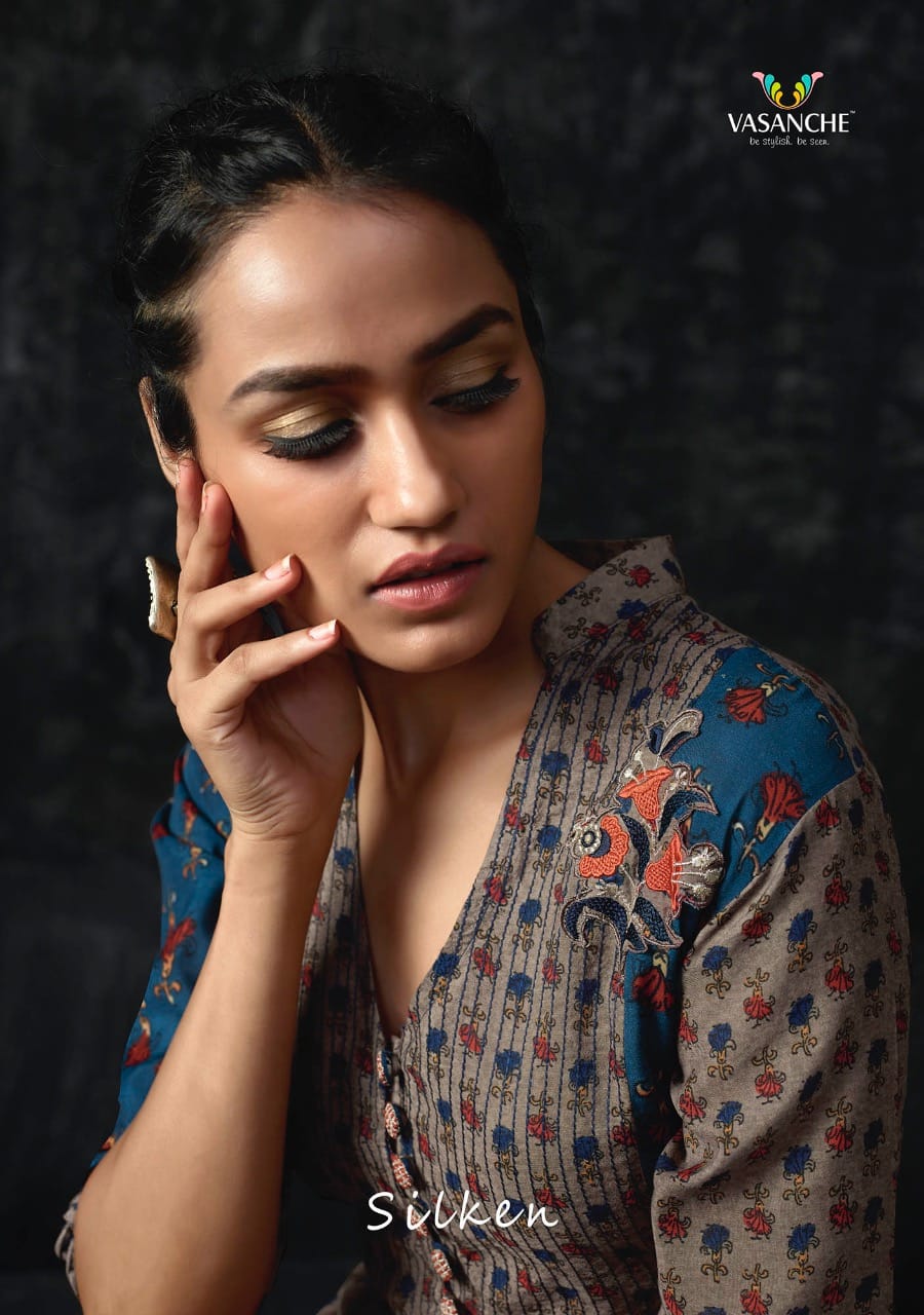 Silken By Vasanche Vi 100 Series Fancy Premium Silk Printed Kurti Catlog Wholesaler And Supplier Sur...