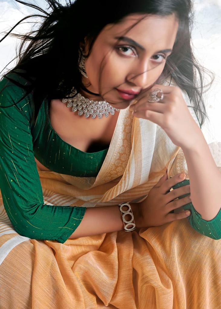 Affren Silk Soft Linen With Lucknowi Weaving Border Saree By Rajpath