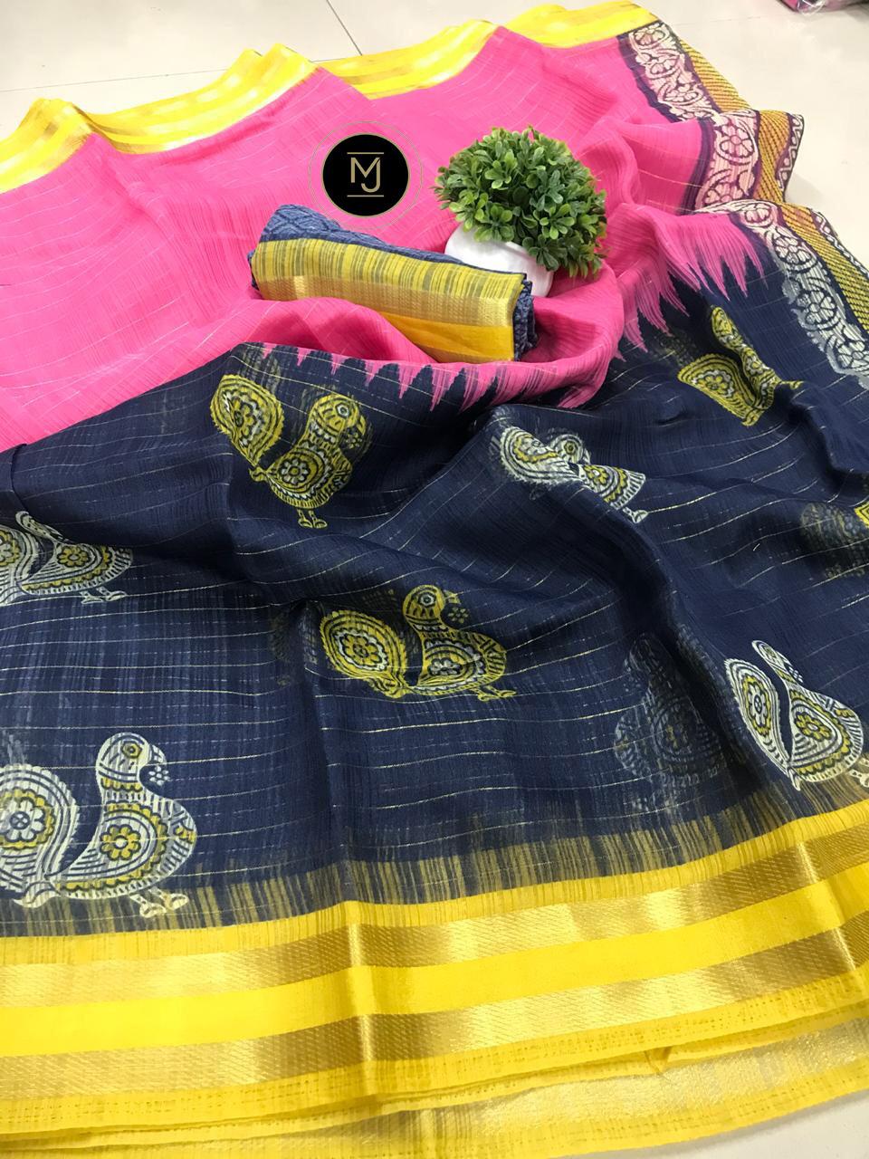 Mj Collection Fancy Printed Linen Cotton Saree Collection Wholesaler Surat