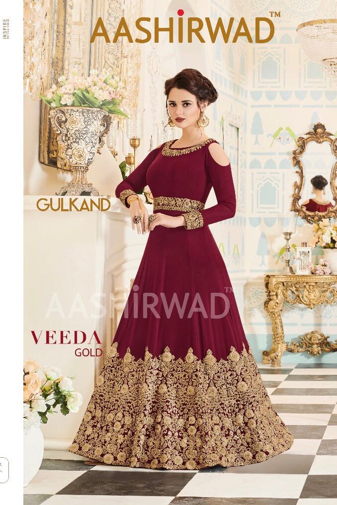 Aashirwad Creation Gulkand Veeda Gold 001 Colours Designer Anarkali Gown Suit Collection Wholesale D...