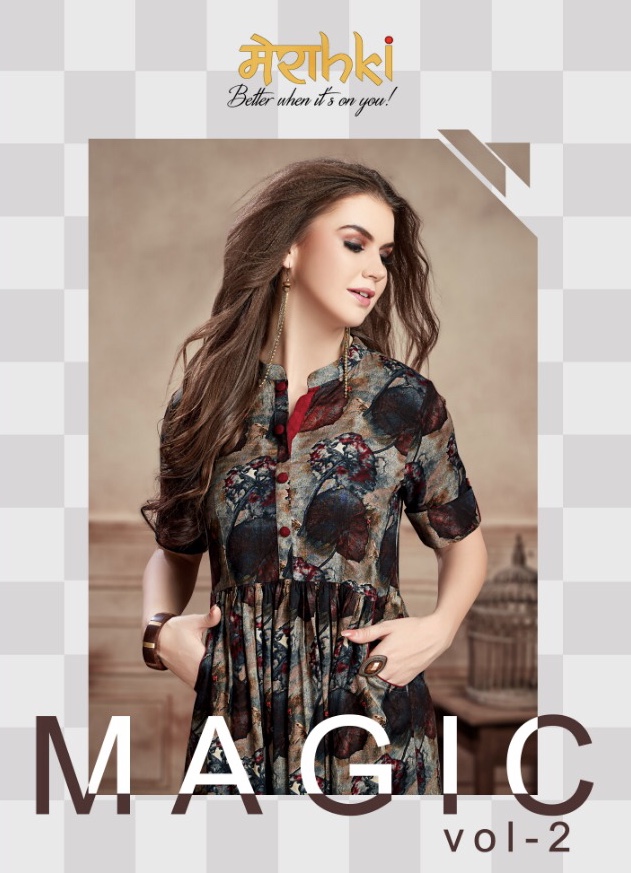 Magic Vol 2 By Merahki 1001 Series Fancy Reyon Printed Gown Style Kurti Collection Wholesaler Surat