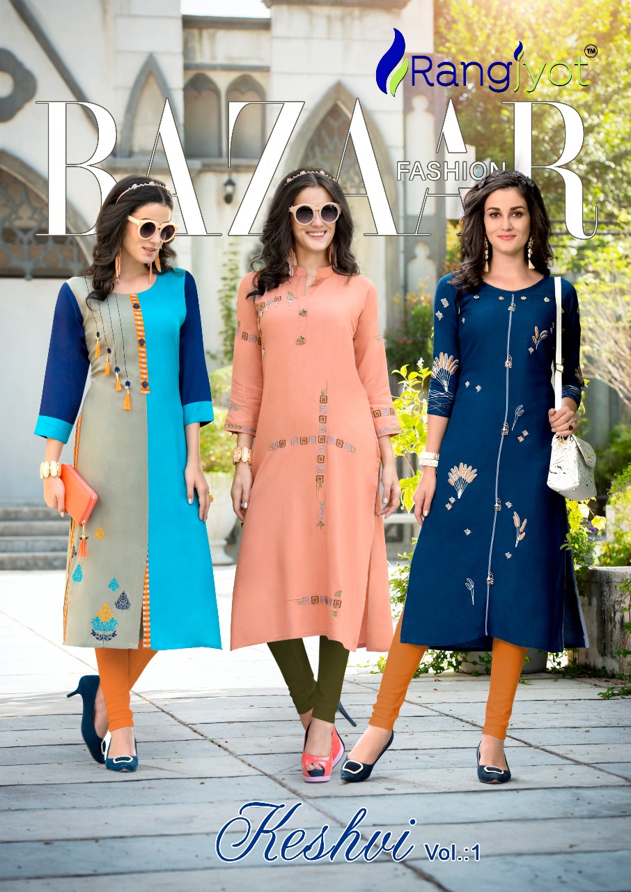 Keshvi Vol 1 By Rangjyot 01 Series Fancy Reyon Designer Kurti Catlog Wholesale Dealer Surat