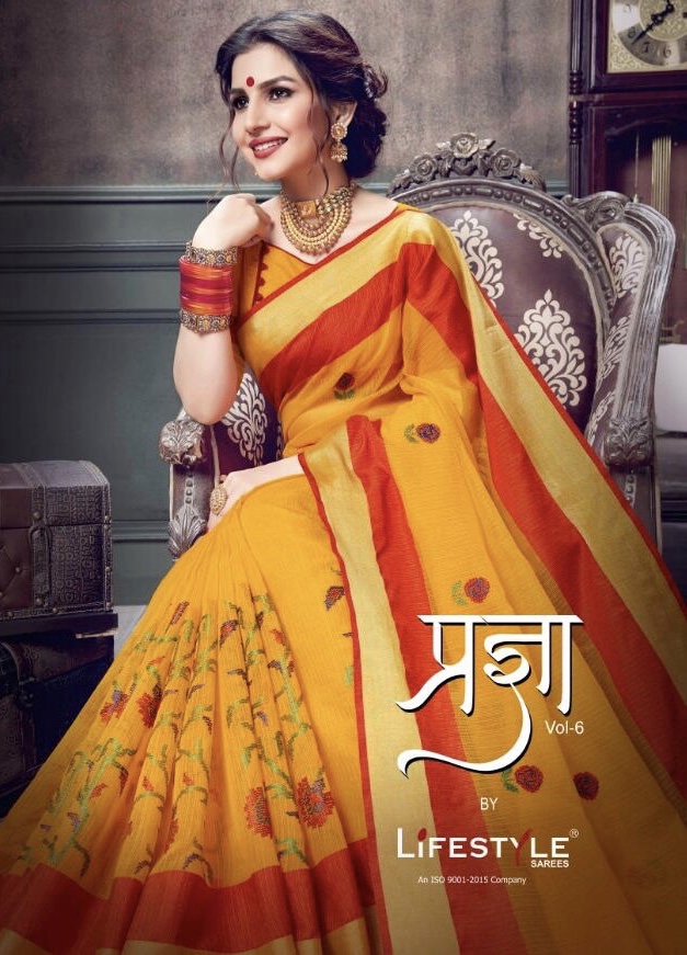 Pragya Vol 6 By Lifestyle 55701 Series Fancy Cotton Printed Emb Saree Catlog Wholesaler Surat