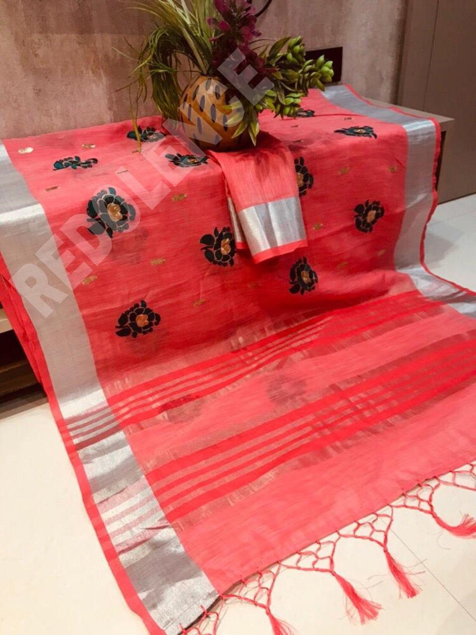 Green Rose By Redolence Fancy Pure Linen Silk Embroidery Saree Wholesaler Surat