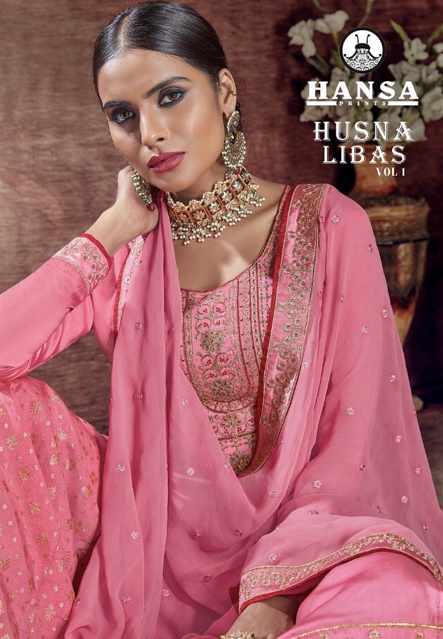 Husna Libas Vol 1 By Hansa 101 Series Fancy Satin Georgette Salwar Kameez Catlog Wholesaler Surat