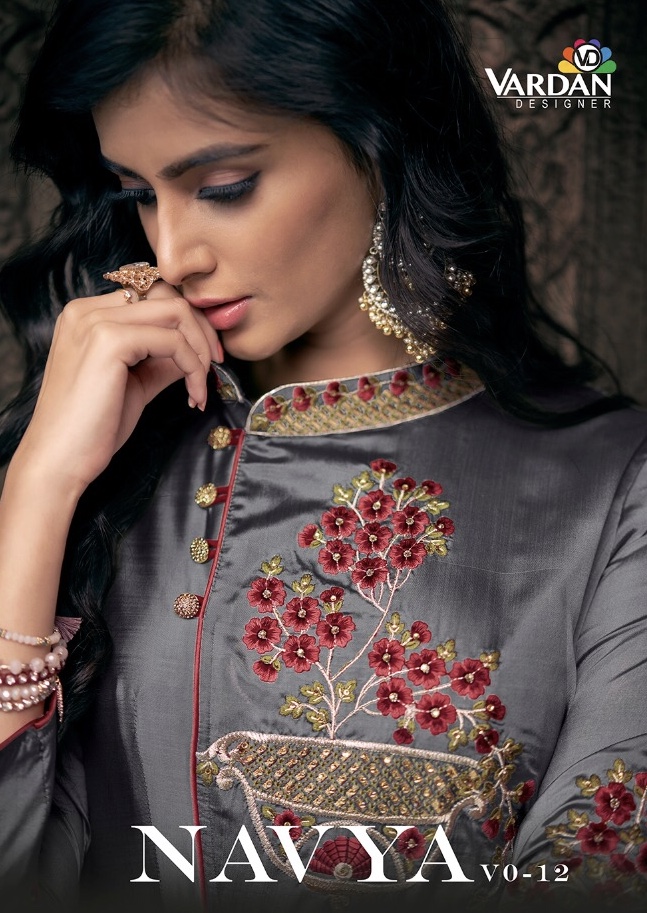 Navya Vol 12 By Vardan Designer 1201 Series Fancy Triva Satin Party Wear Gown Suit Collection Wholes...