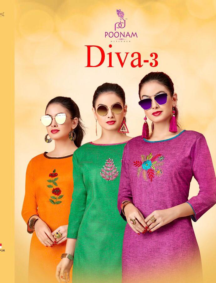 Diva Vol 3 By Poonam Designer 3001 Series Fancy Khadi Cotton Kurti Catlog Wholesaler Surat