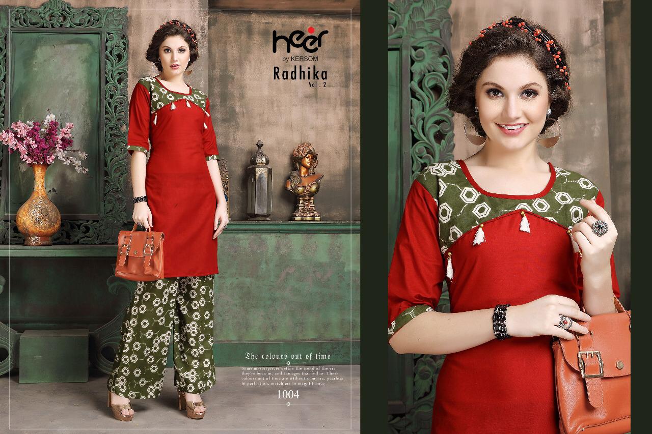 Radhika Vol 2 Ny Heer Kersom 1001 Series Fancy Cotton Kurti With Reyon Plazo Collection Wholesaler S...