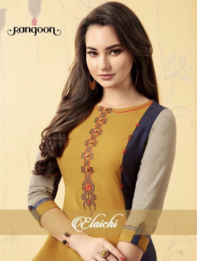 Elaichi By Rangoon 1221 Series Fancy Flax Reyon Long Straigth Kurti Catlog Wholesale Dealer Surat