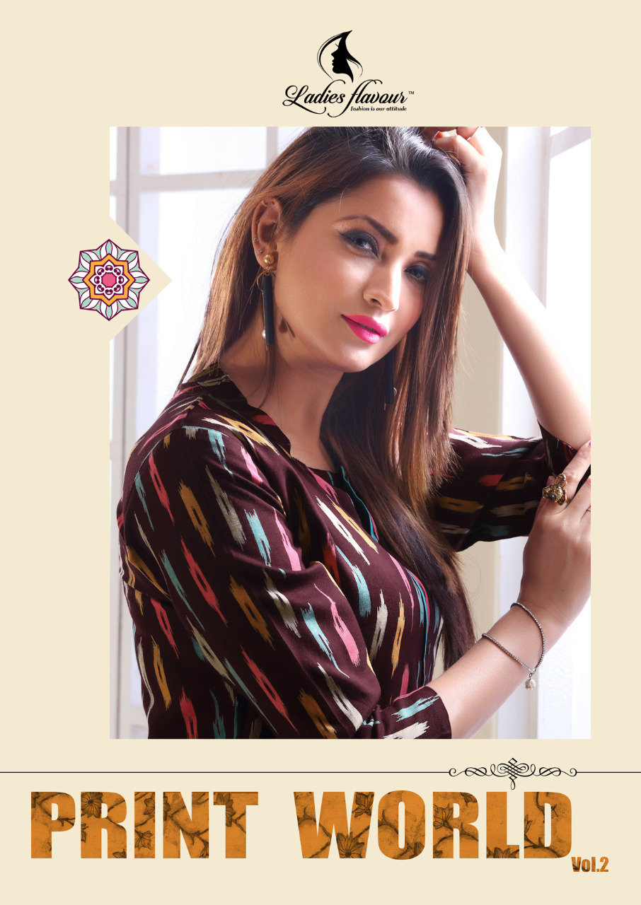 Print World Vol 2 By Ladies Flavour 2301 Series Fancy Reyon Kurti Catlog Wholesale Dealer Surat