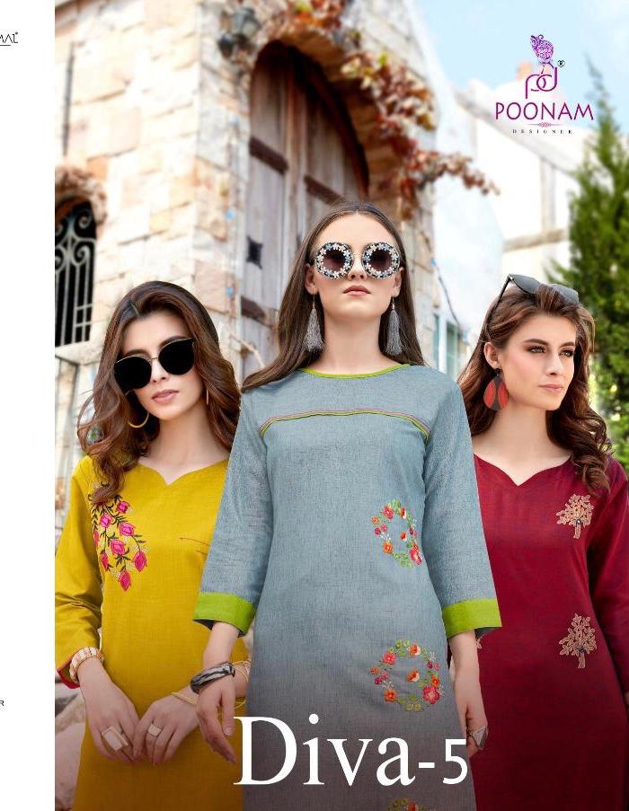 Diva Vol 5 By Poonam Designer 5001 Series Fancy Cotton Emb Kurti Catlog Wholesaler Surat