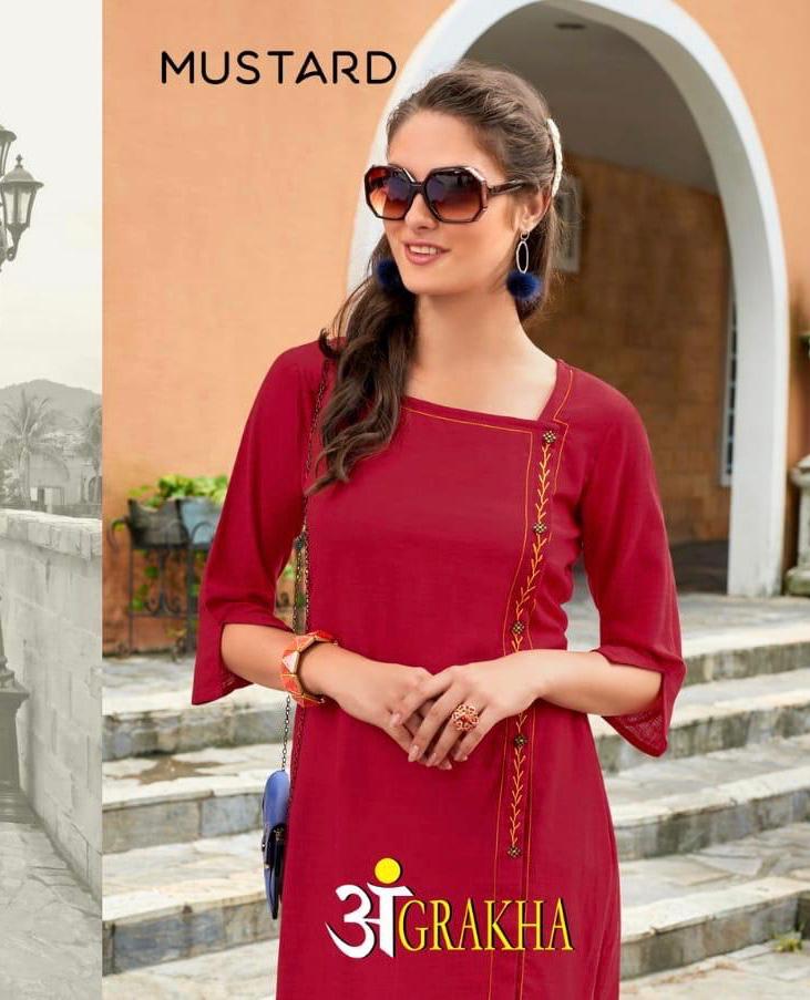 Angrakha By Mustard 01 Series Fancy Cotton Slub Hand Embroidery Kurti Collection Wholesaler Surat