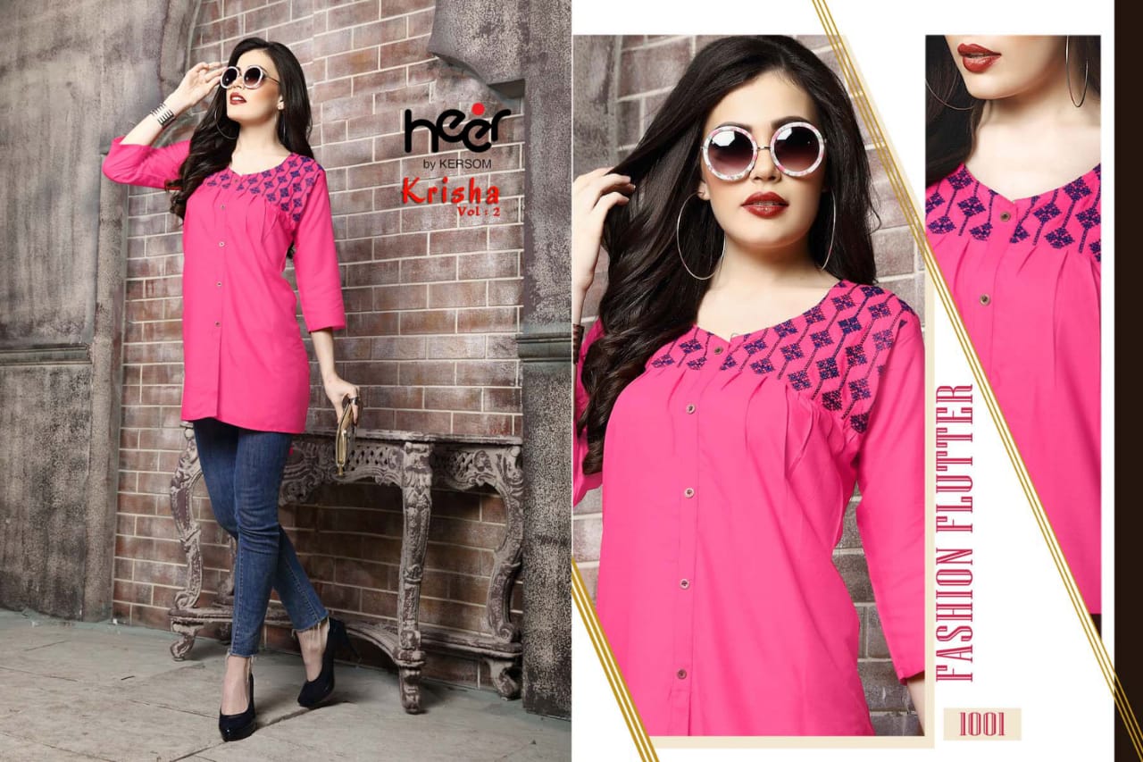 Krisha Vol 2 By Kersom Kurti 1001 Series Fancy Reyon Kurti Catlog Wholesale Dealer Surat