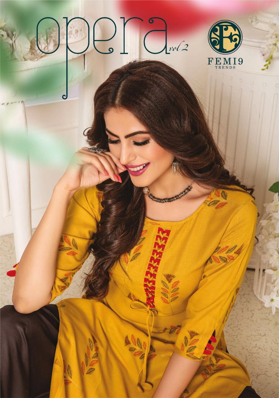 Opera Vol 2 By Femi9 Trends 201 Series Fancy Reyon Kurti With Plazzo Collection Wholesaler Surat