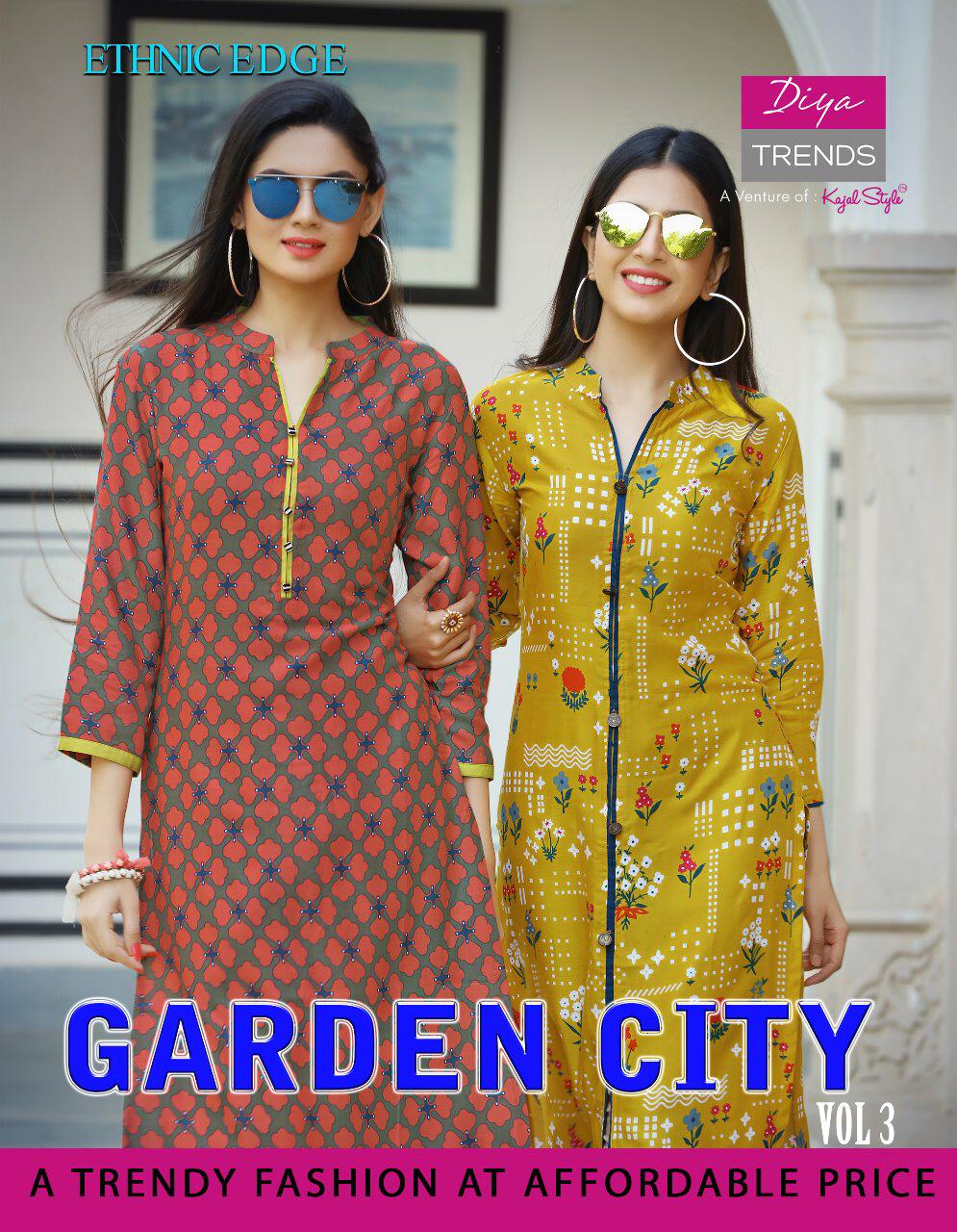 Gardencity Vol 3 By Diya Trends 3001 Series Fancy Reyon Printed Kurti Catlog Wholesaler Surat