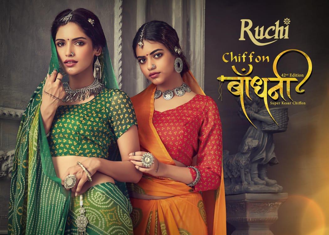 Super Kesar Chiffon Vol 42 Bandhni By Ruchi Sarees Fancy Chiffon Printed Saree Collection Wholesaler...