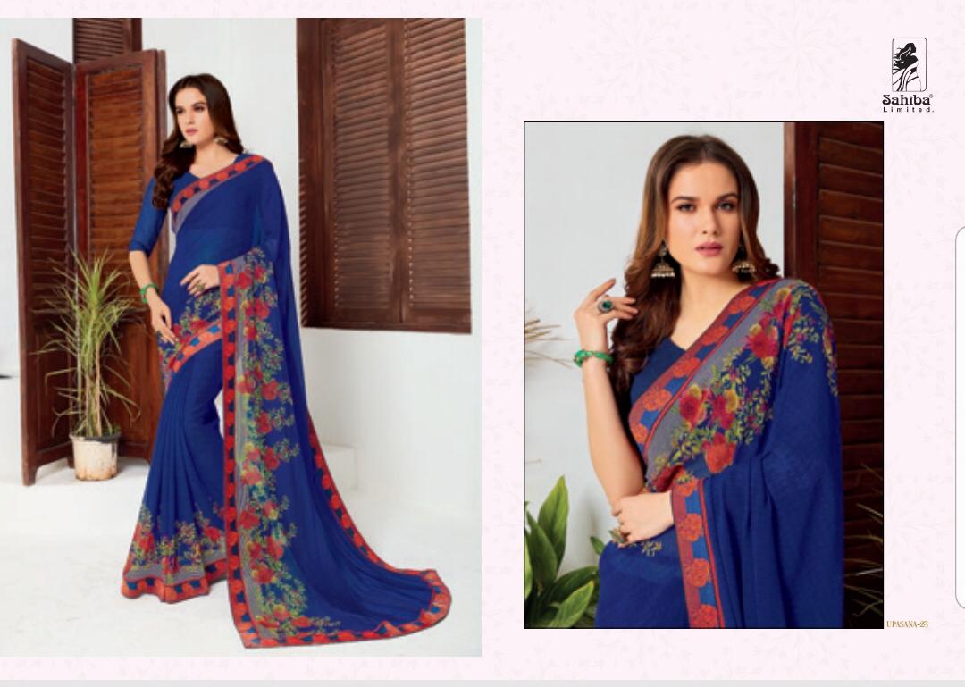 Upsana By Sahiba 09 Series Fancy Georgette Printed Saree Collection Wholesaler Surat