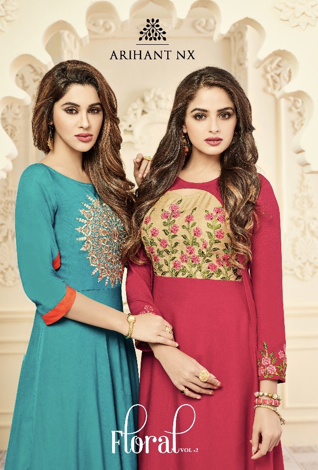 Arihant Nx Floral Vol 2 3011 Series Designer Reyon Dyed Kurti Catlogue Wholesale Dealer And Supplier...